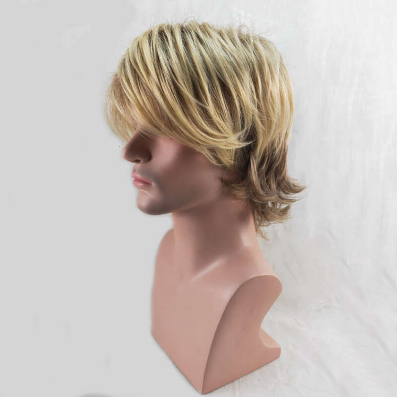 HAIRJOY Synthetic Hair Male Short Curly Wig Heat Resistant Fiber with Bangs Brown Blonde Mixed Wigs for Man