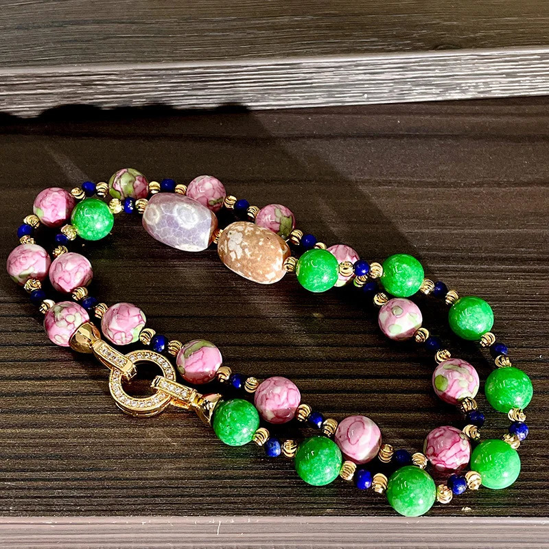 Tianqingshi Agate Road Exit Pink Ceramic Natural Stone Bead Sweater Necklace 241018