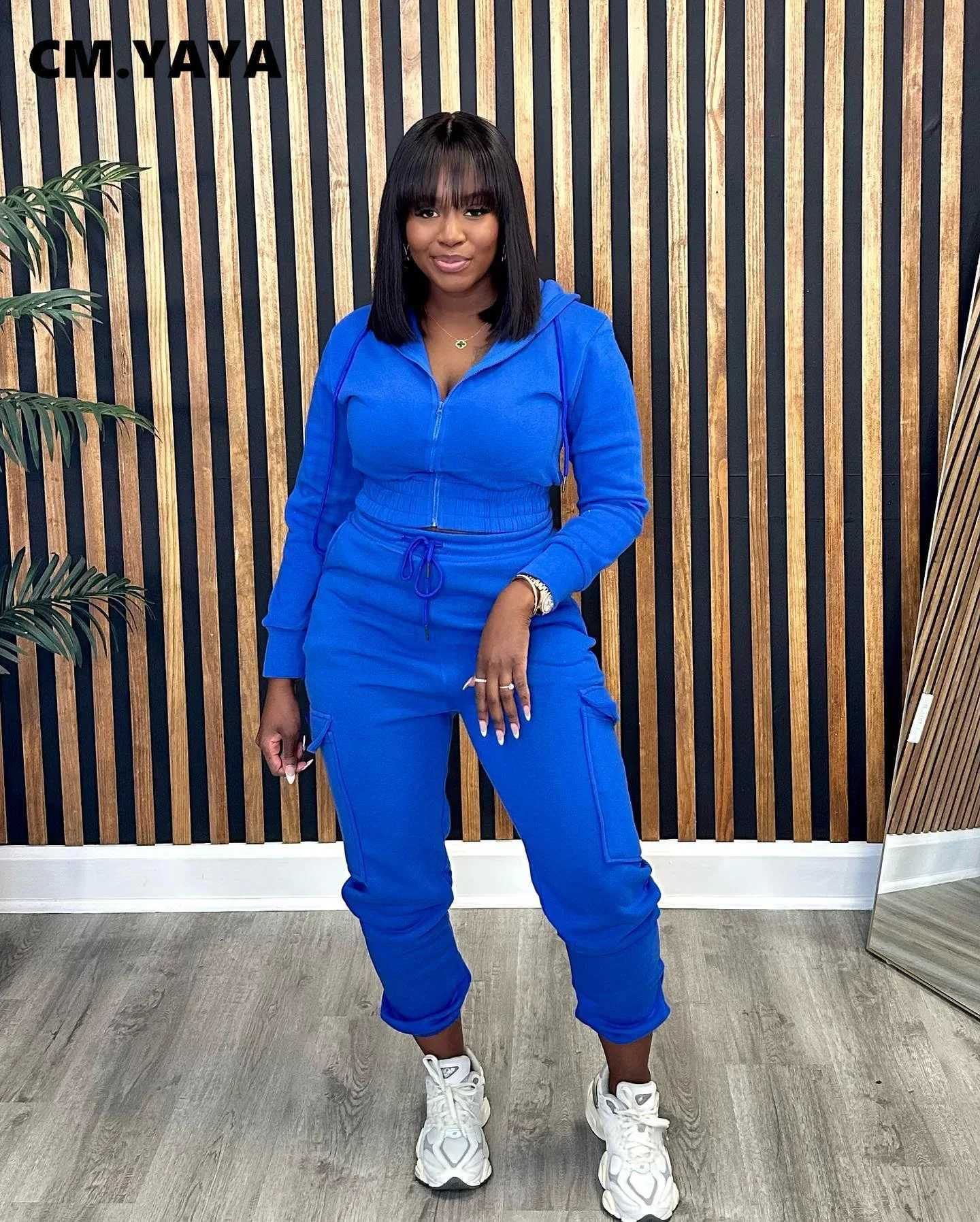 Women's Two Piece Pants CM.YAYA Flce Womens Set Long Sleve Zipper Hoodie and Running Pants 2023 Strt Cargo 2-piece Set Y241019WV5Y