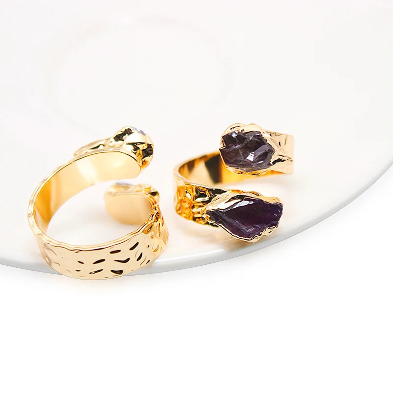 Irregular Amethyst Open Ring for Women Girls Goldcolor Double Side Raw Stone Finger Jewelry Resizable 241010