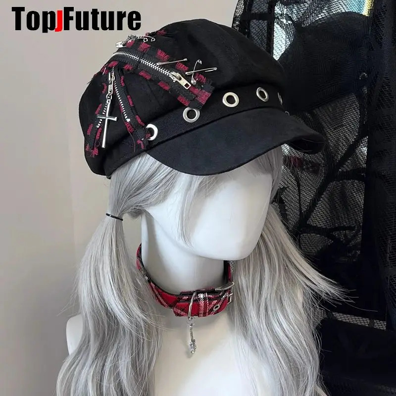 Wholesale custom womens Harajuku Gothic Lolita beret Y2K girls steampunk zipper handmade sun hat 241018