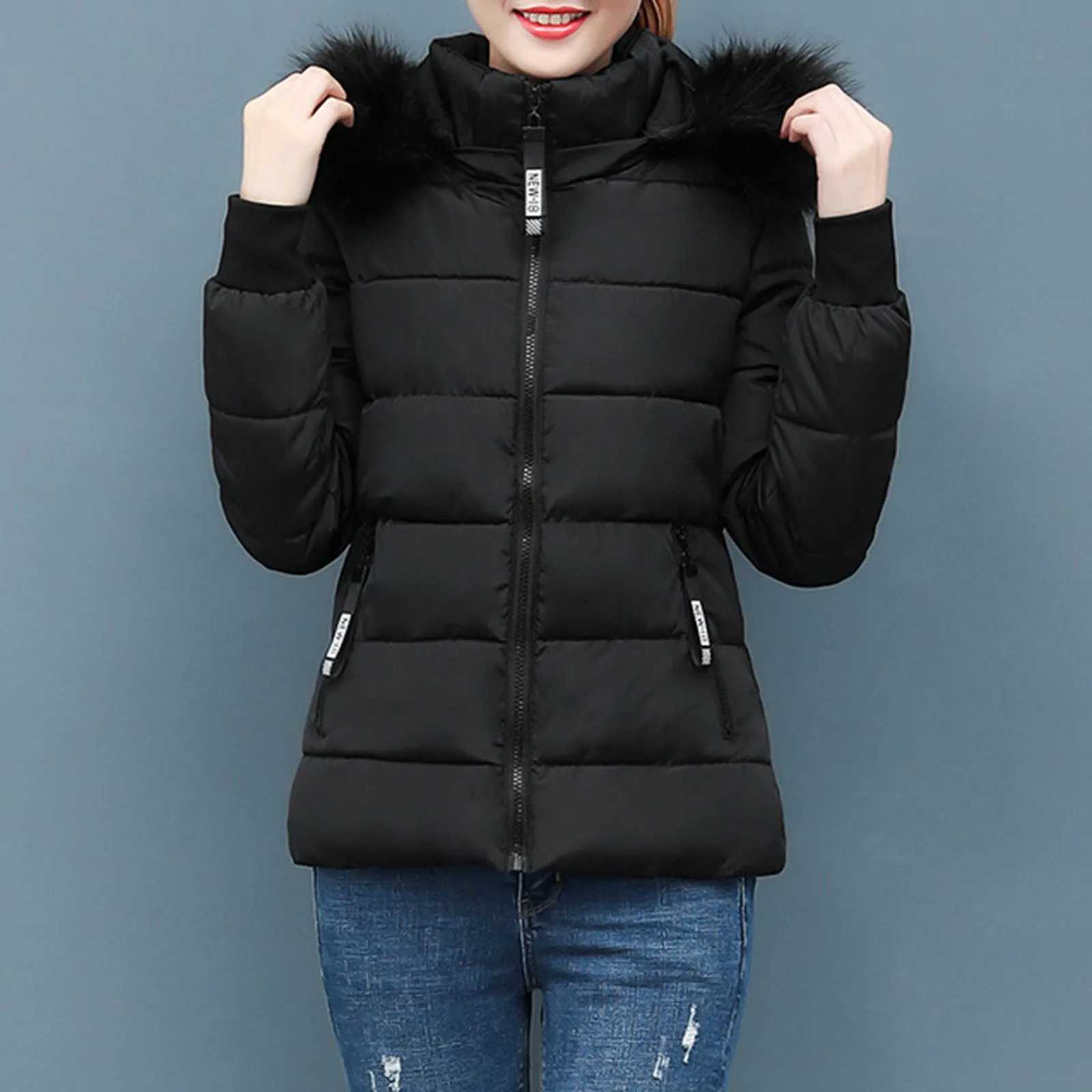 Pink Winter Cotton Puffer Coat Women Fluffy Hooded Zipper Thick Outerwear Lapel Windproof Warm Long Sleeve Down Jacket Fit CoatsX241019