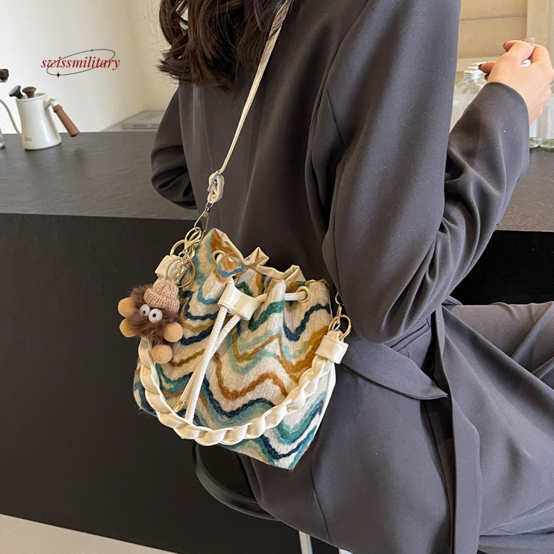 Spring/Summer Bohemian Knitted Pattern Small for Women 2024 New Fashion Color Contrasting Crossbody Pulling Rope Bucket Bag #20 swissmilitary