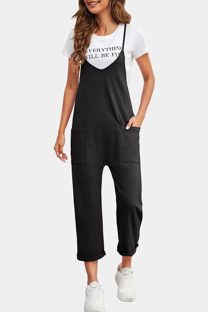 2024 Spring Womens Casual Pocket Pants Solid Loose Strap Straight Jumpsuit 241007