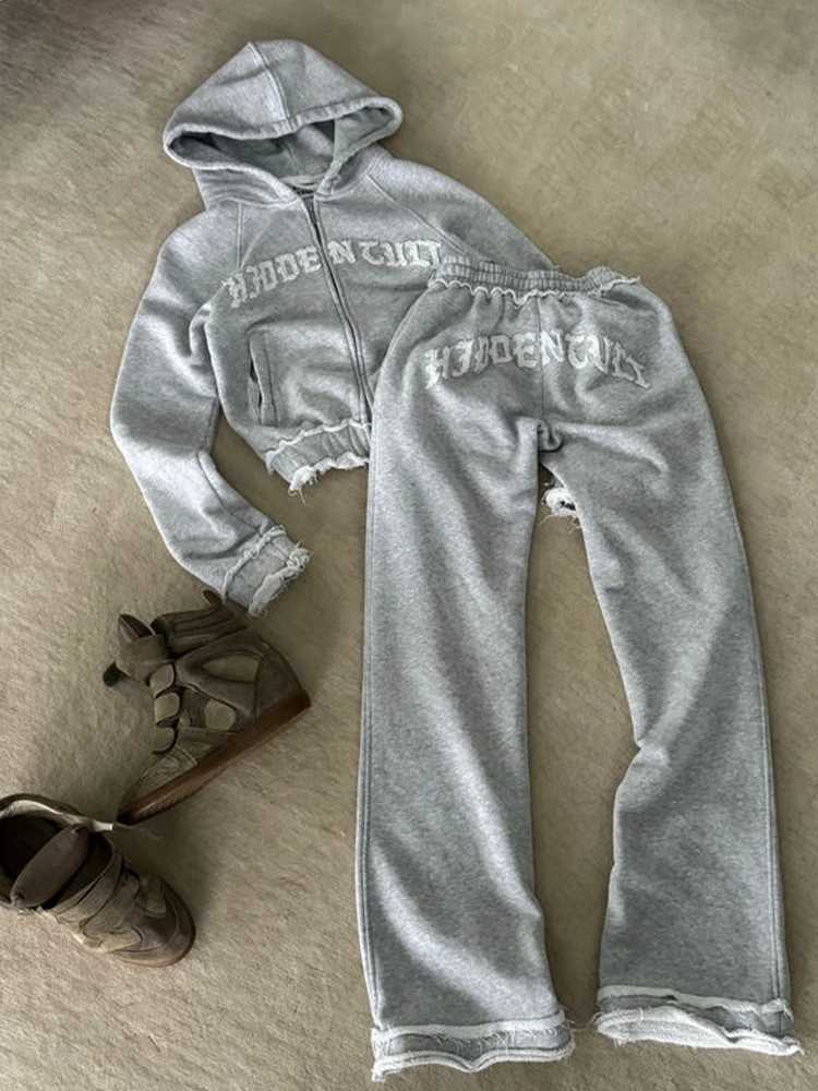 Women's Two Piece Pants Aesthetic Grey Fall Winter Outfit Punk Casual Retro Burrs Grunge Strtwear emo Girl Fairy Women Zipper Jacket Fashion Trou