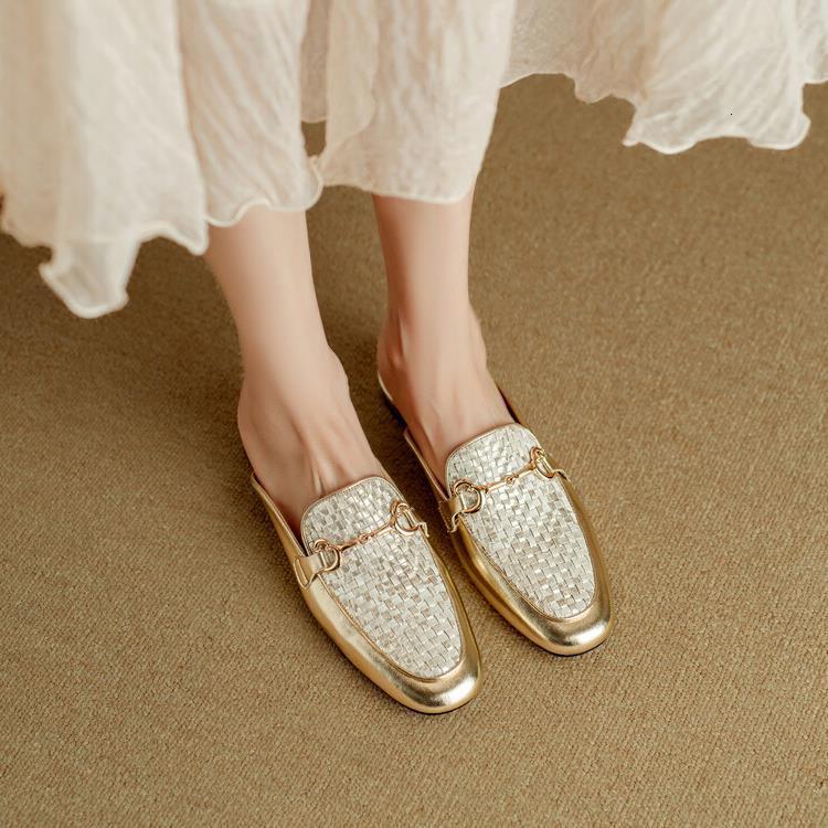 Outwear Chinese Summer Style Gold Silver Thick Low Heel Baotou Women S Half Full Leather Cool Tuo Large KMJL Ddmywed Ddmysaturn