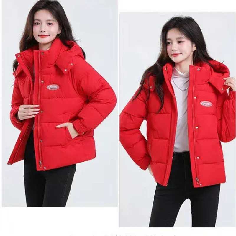 Women Korean Thick Warm Down Cotton Puffer Jacket Long Sleeve Hooded Parka Winter Coat Pockets Solid Plus Size Loose OvercoatX2410