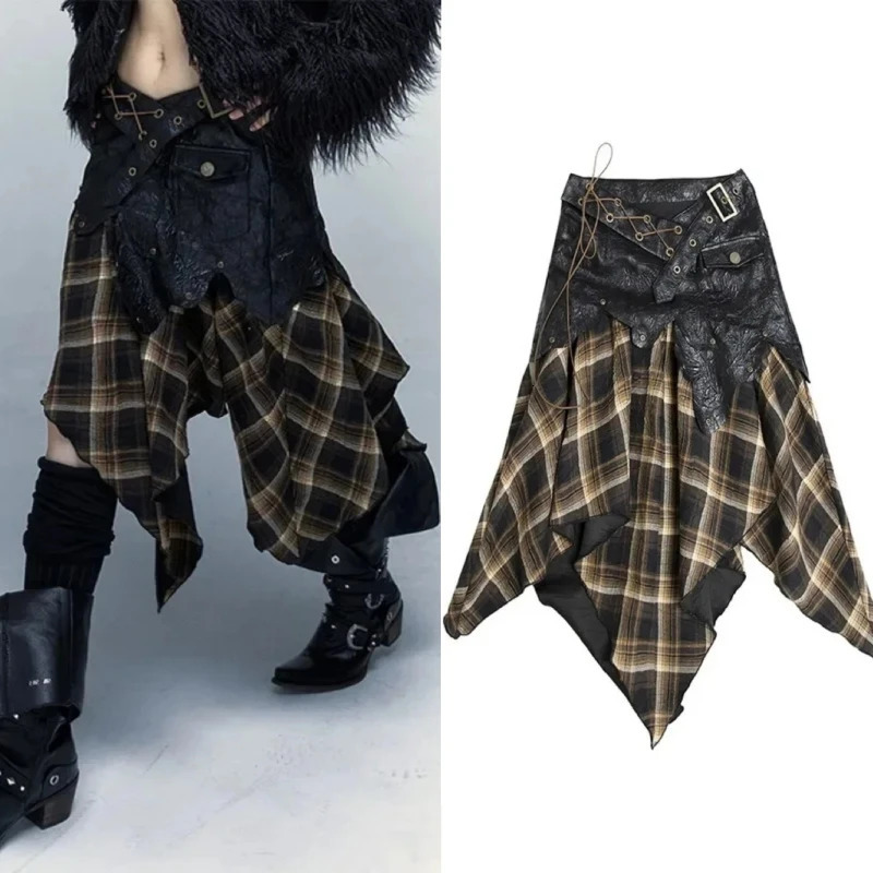 Irregular Patchwork Grunge Y2k Skirts High Waist Vintage Plaid Belt Decor Punk Midi Gothic Aline Skirt For Women 241019