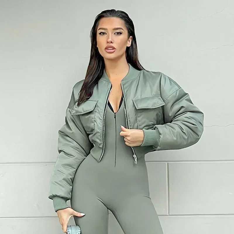Women's Down Parkas Fashion Women Big Pockets Bomber Jacket Slim Waist Zipper Crop Jackets Outerwear Moto Biker Coats BF Punk Coats Jackets Autum