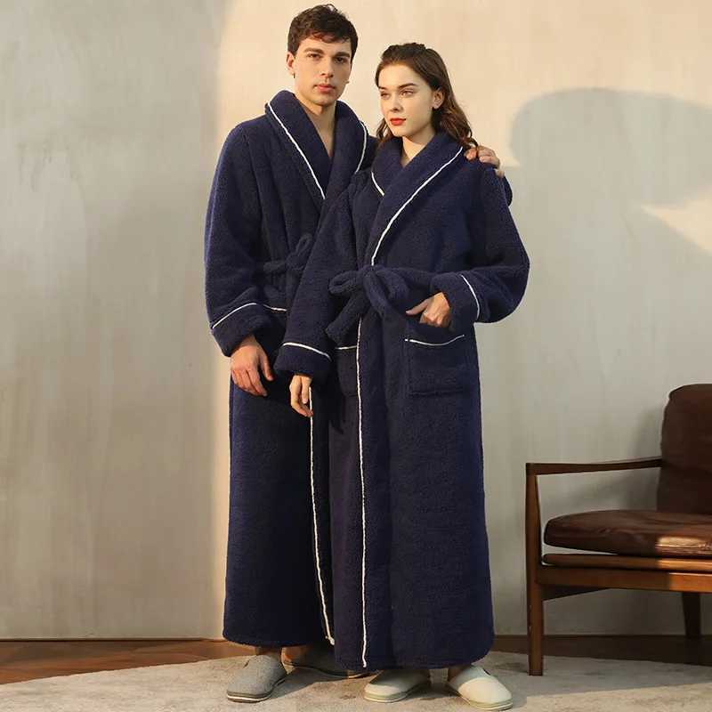 Women Winter Extra Long Warm Flannel Bathrobe Plus Size Thick Coral Fleece Bath Robe Lovers Spa Dressing Gown Men Cozy SleepwearXJ241018