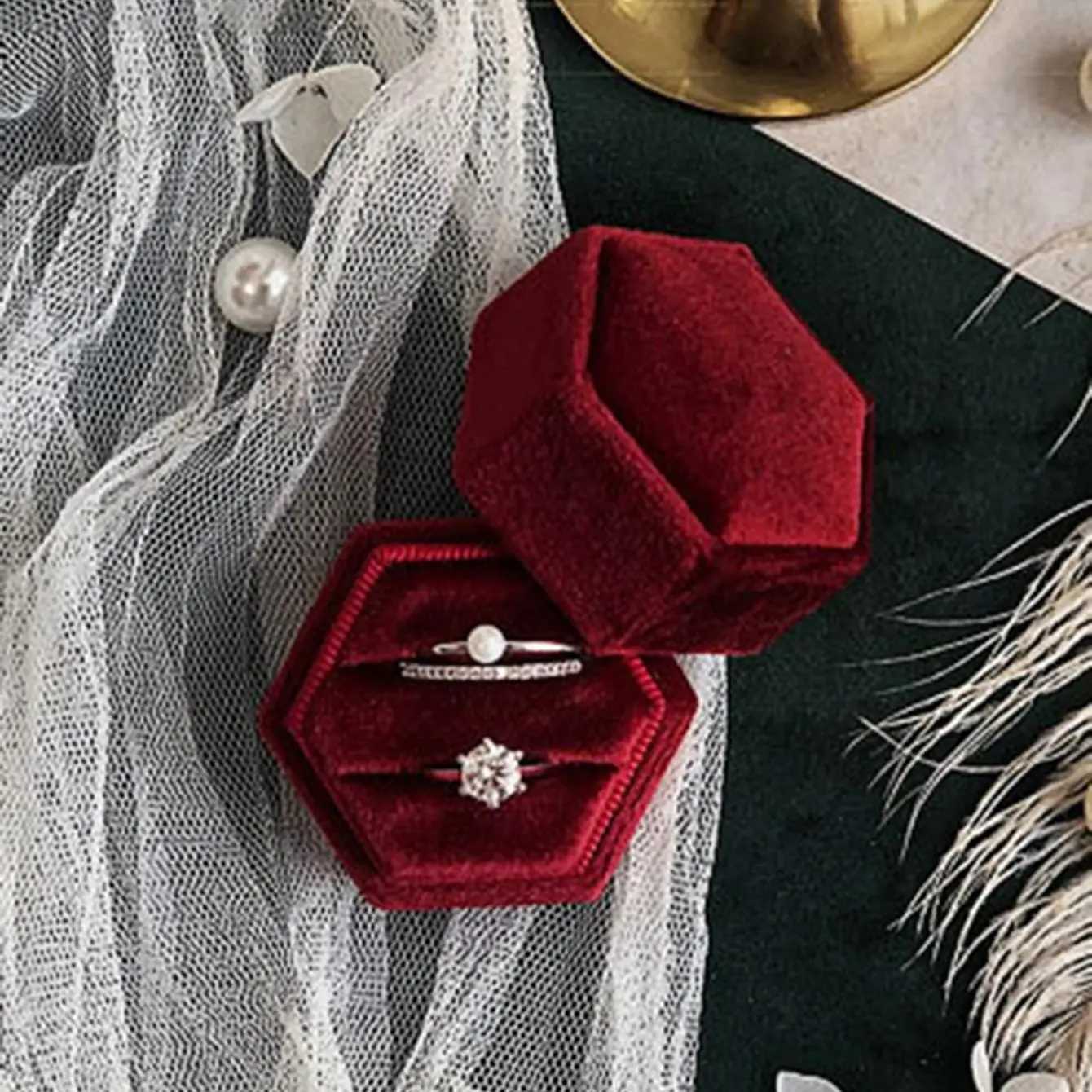 1 velvet double ring box hexagonal wedding ceremony ring box with detachable ceiling box W241019
