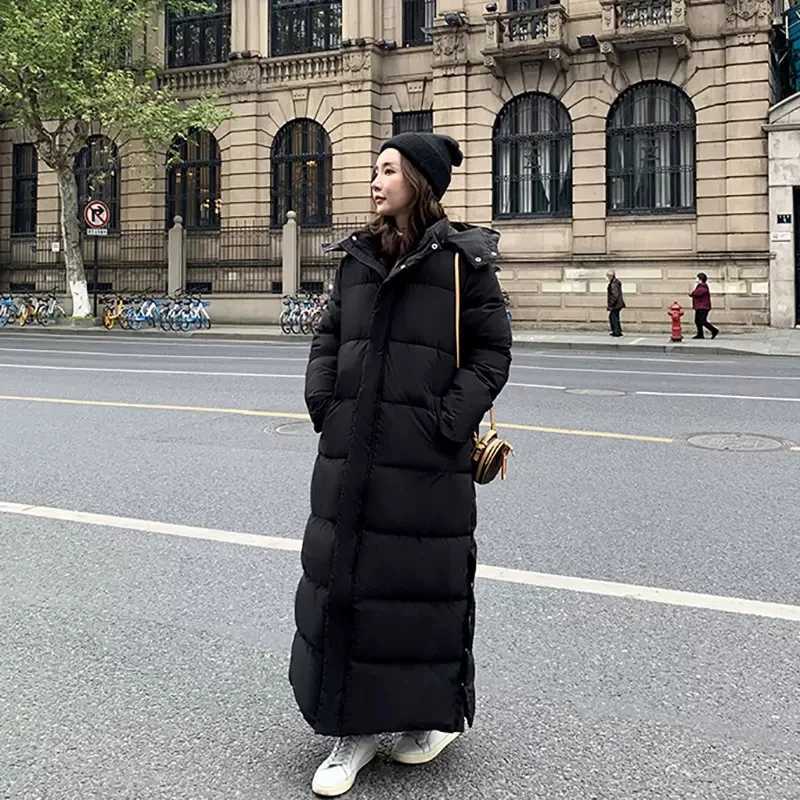 2023 Winter Down Cotton Jackets Womens Clothing Side Button Long Parkas Hooded Warm Winter Coats Female Black Overcoats fp435X241019