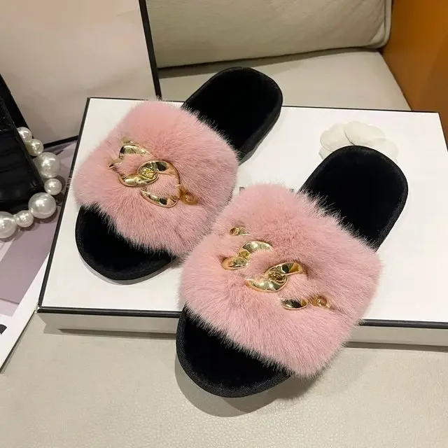 Fluffy Fur Slippers 2024 New Fashion Chain Design Women Home Slippers Winter Indoor Open Toe Flat Non-slip Leisure Female Shoes