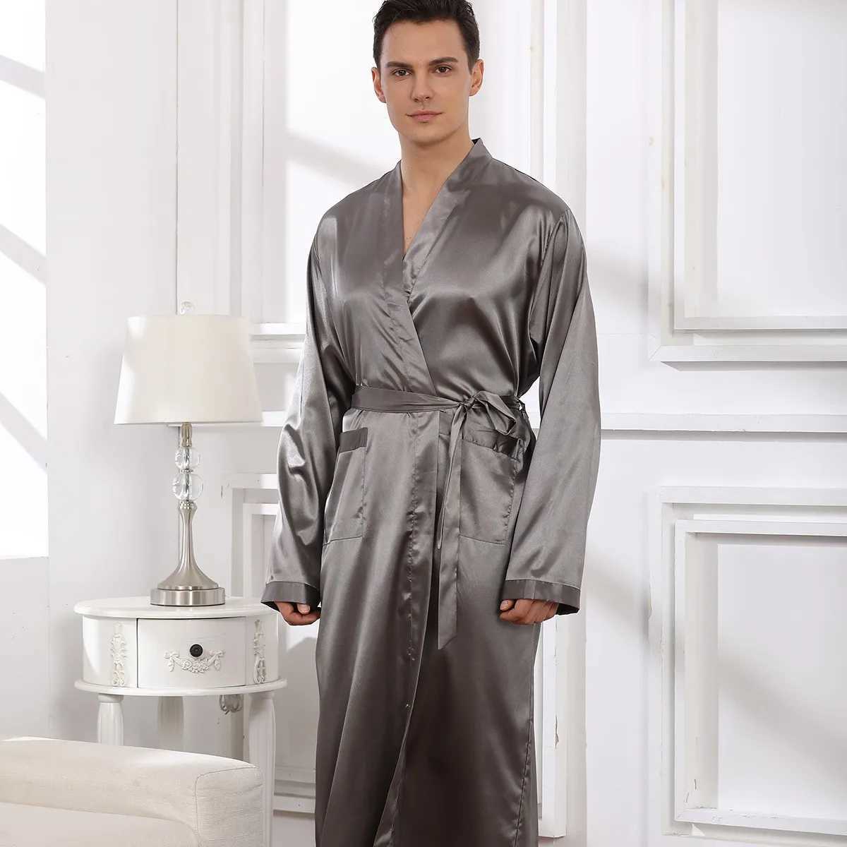 Loose Men Robe Sexy Male Summer New Sleepwear Bathrobe Satin V-Neck Kimono Bath Gown Long Casual Nightgown Intimate LingerieXJ241018