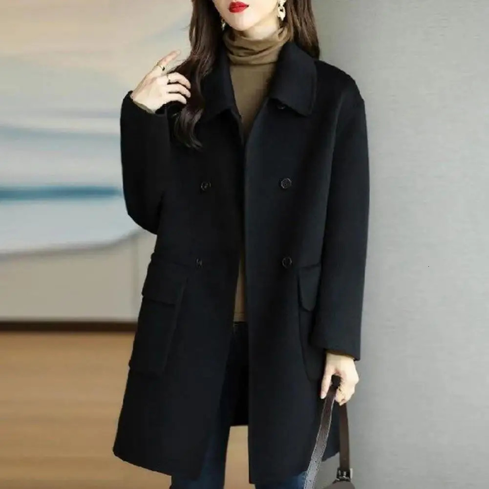 Autumn and winter womens wool coat with lapel double chest lapel pocket jacket solid color medium loose jacket 241019