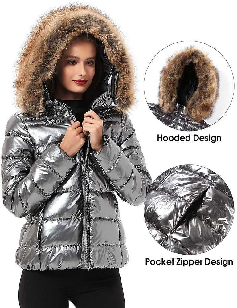 Women's Down Parkas Giolshon Womens Quilted Lightweight Inflatable Jacket Warm Fur Collar Hooded Jacket Womens Shining Patent Parkas Down Jacket 