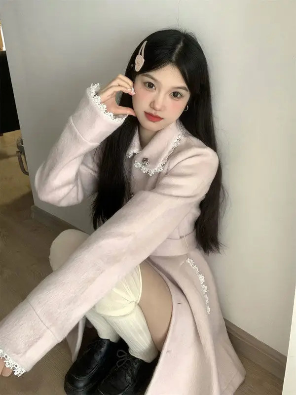 Korean fashion doll collar pink wool coat womens winter dress sweet warm waist weight loss medium long wool jacket 241019