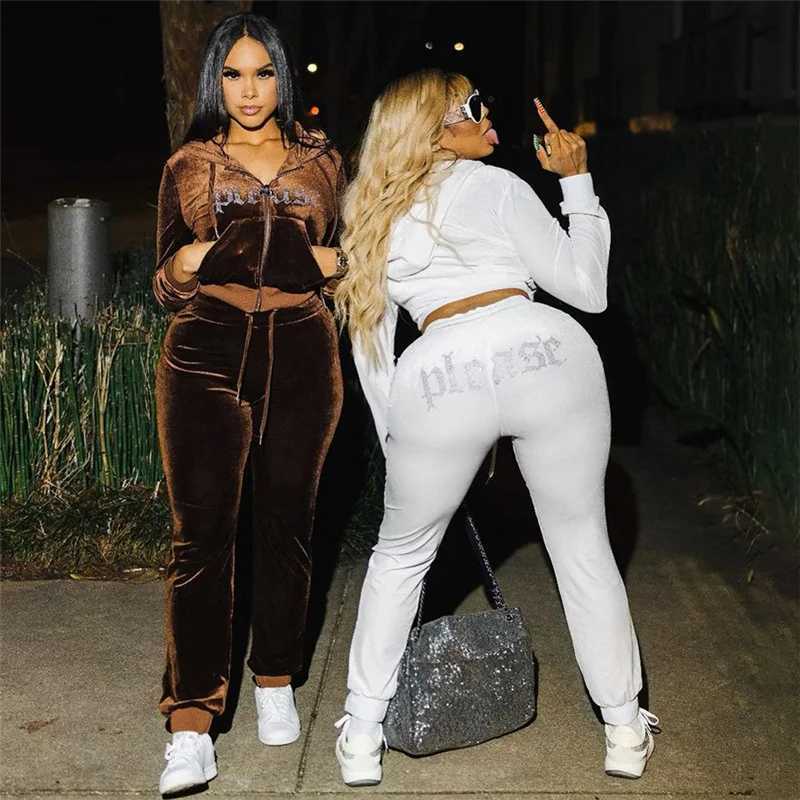 Women's Two Piece Pants Women 2 Piece Shiny Rhinestone Jackets Pants Velvet Tracksuits Hot Drilling Hooded Jacket High Waist Sweatpants Two Piece