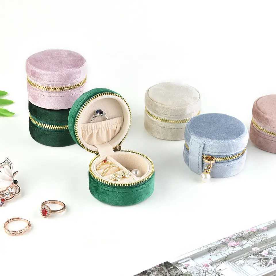 New mini round velvet jewelry box for travel earrings necklaces storage rings zippers portable jewelry managers Joyero boxes W241019