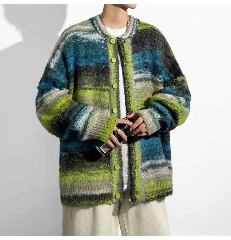 2024 Men Striped Sweater Casual Elastic Cardigan Harajuku Patchwork Knitted Warm Top Fashion Male Jumper Clothes 241009
