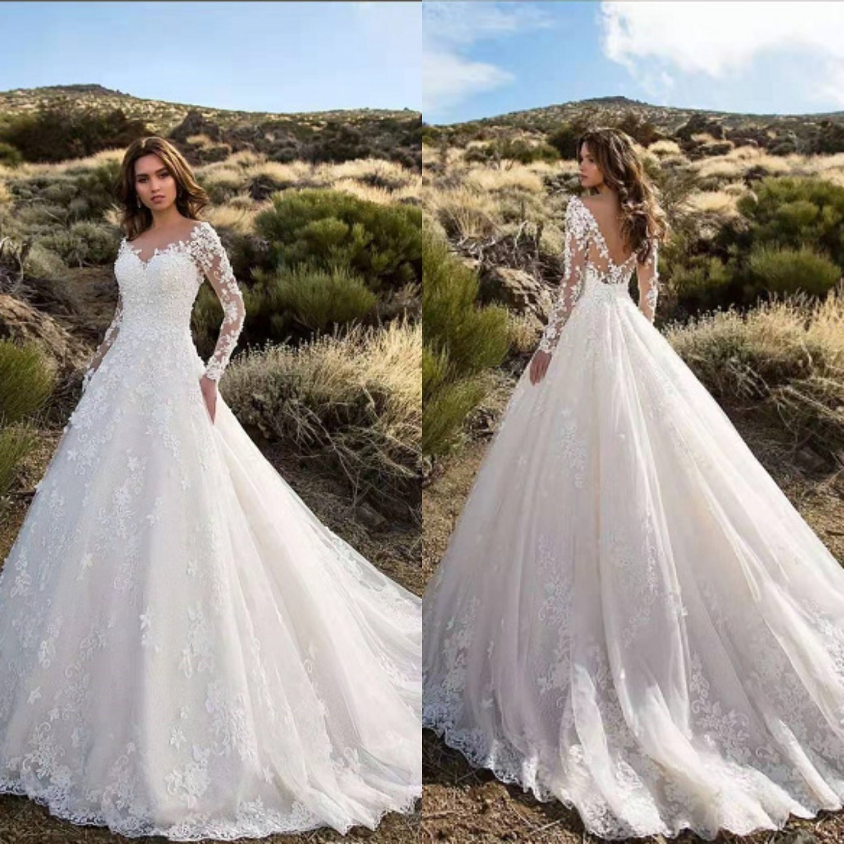 Elegant A Line Bride Gowns Appliques O Neck Long Sleeve Wedding Dress Sweep Train Tulle Bridal Dresses Custom Made