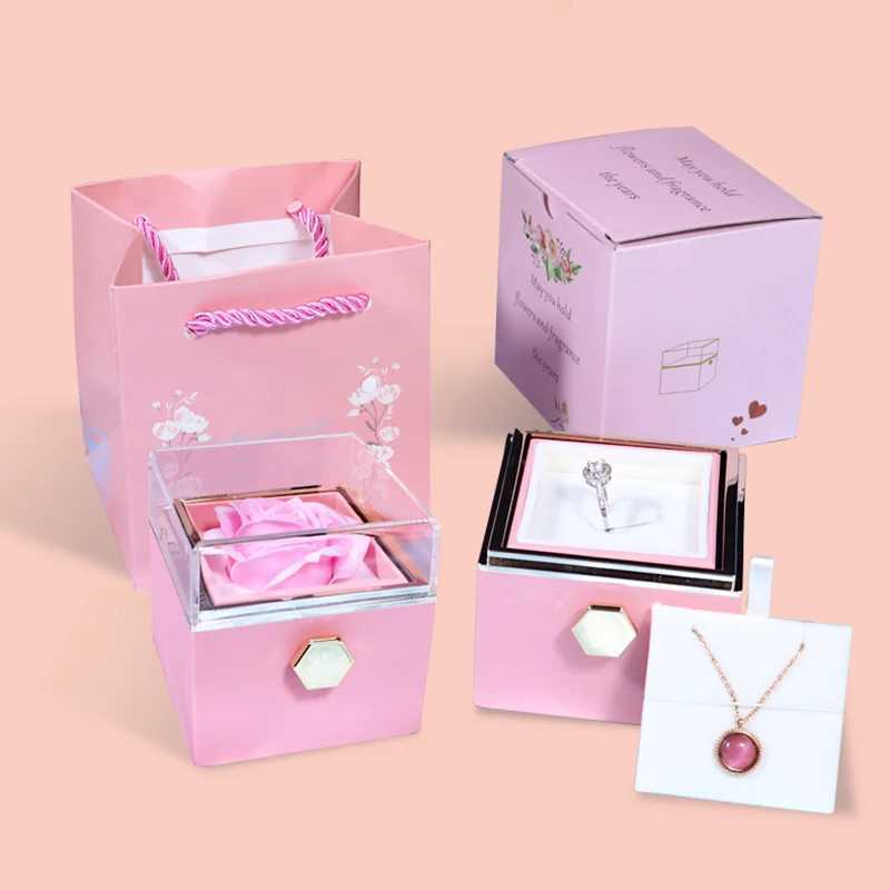 Rotating Rose Jewelry Gift Box Valentines Day Wedding Acrylic Ring Box Necklace Storage Rose Jewelry Display Stand W241019