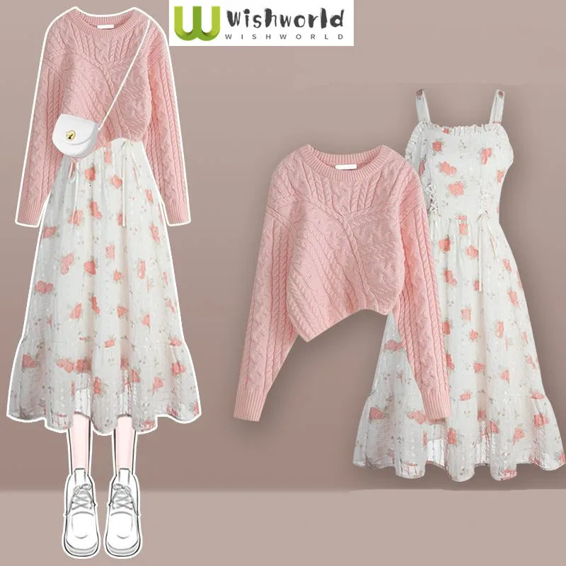 Korea Asymmetric Thick Knitted Sweater Pullover Fashion Printed Dress with Two Elegant Womens Party Dresses 241018
