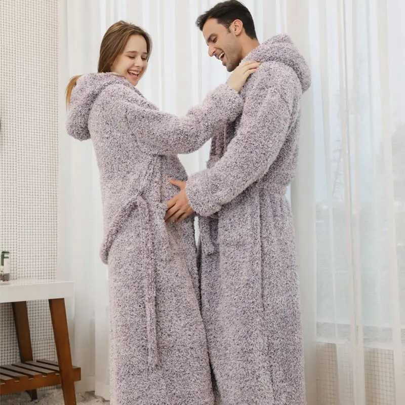 Winter Luxury Double Layer Flannel Men Robe Hooded Nightgown Thick Coral Fleece Belt Botton Super Long Loungewear Loose BathrobeXJ241018