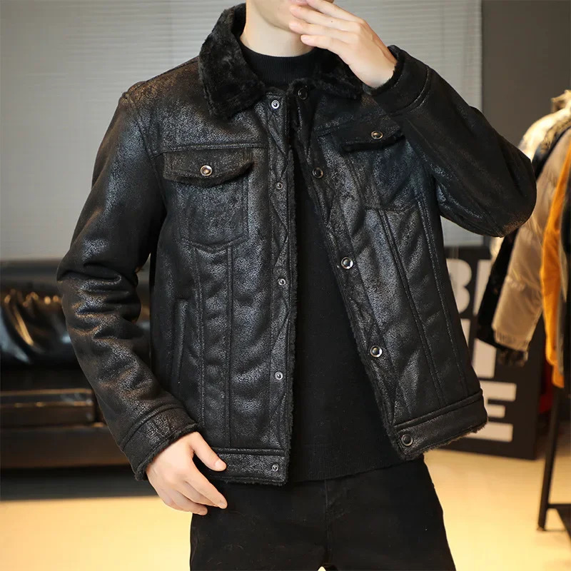suede fur jacket for mens motorcycle jacket thickened warm artificial leather jacket outdoor jacket for mens fur collar windproof machine 241007
