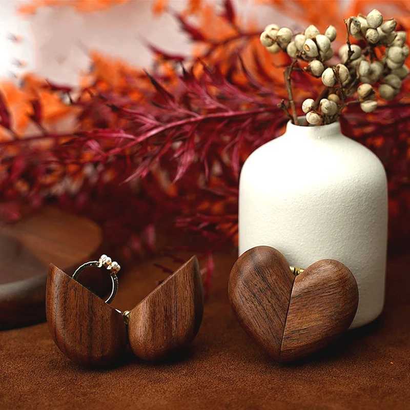 Heart shaped flip ring box wedding engagement ring box walnut engagement ring holder personalized anniversary gift for couples W241019
