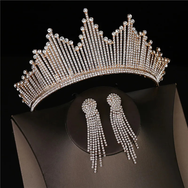 Baroque Luxury Silver Color Crystal Bridal Tiaras Crown With Earrings Rhinestone Pageant Diadem Wedding Hair Accessories Bijoux 241018