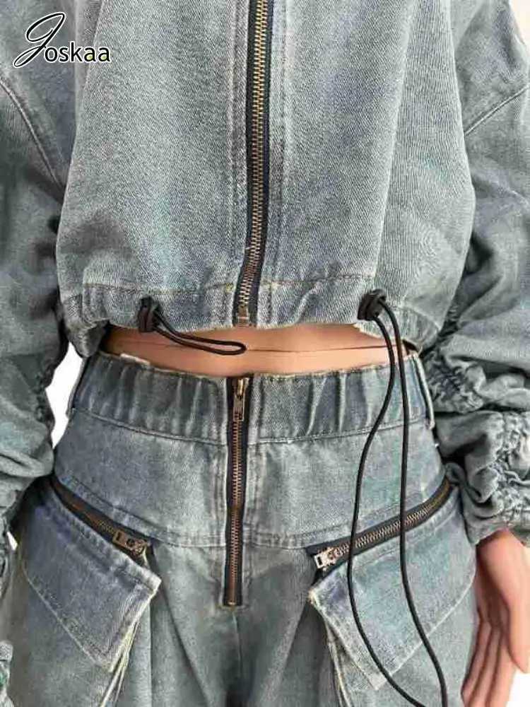 Women's Two Piece Pants Joskaa casual denim two-piece womens solid long Sleve zipper drawstring jacket and pocket jeans competition 2024 Y2K T-sh