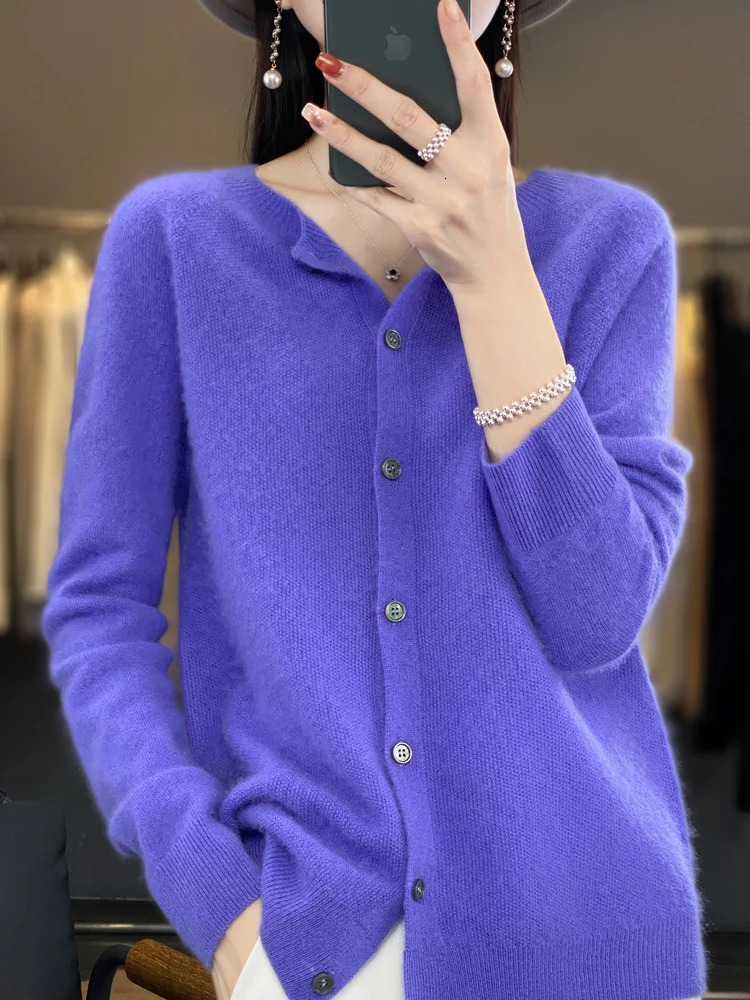 Spring 100% Merino Wool Womens O-neck Open cardigan Cashmere Sweater Womens Clothing Elegant Knitted Korean Top 241018