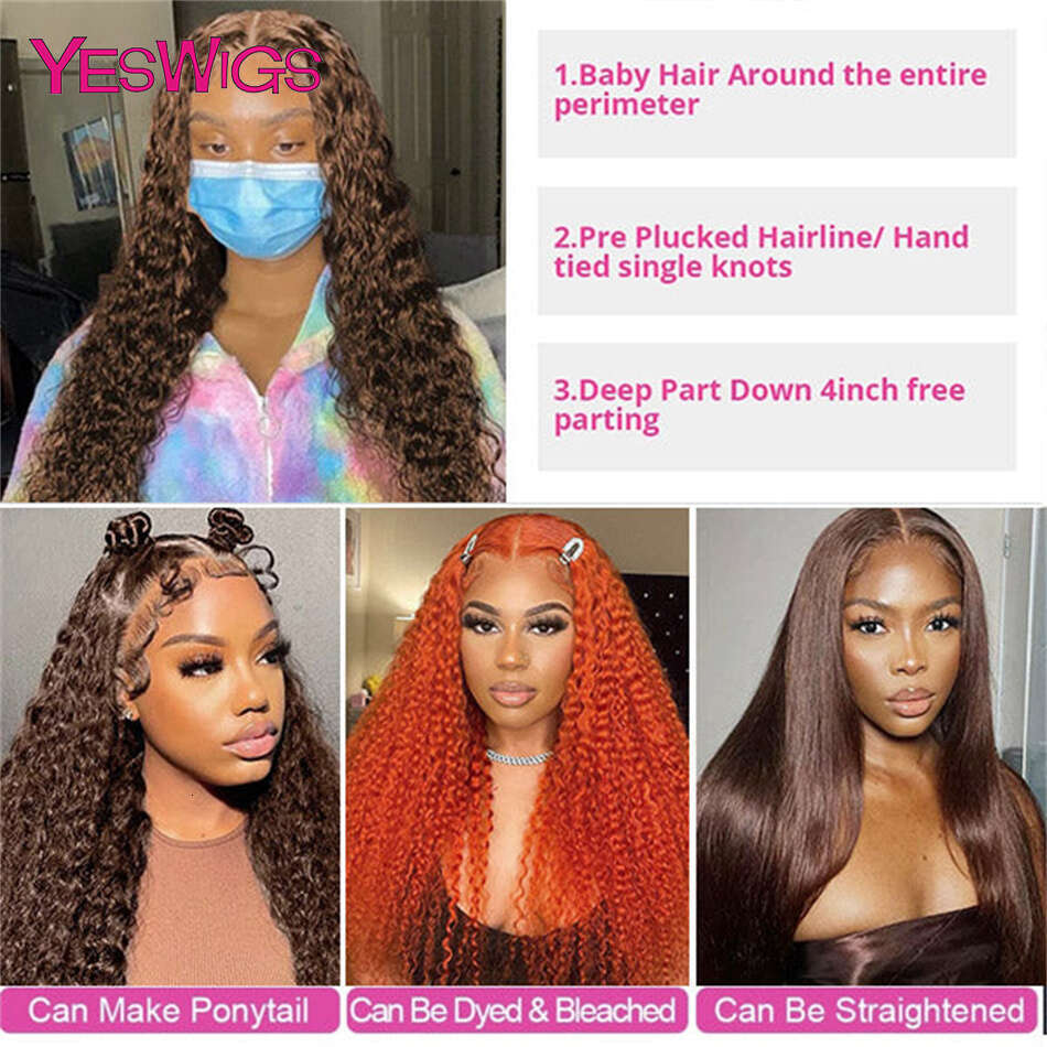 13x4 Kinky Curly Chocolate Brown Front Human Hair Wigs For Women Pre Plucked Colored Deep Wave Transparent Lace Frontal Wig