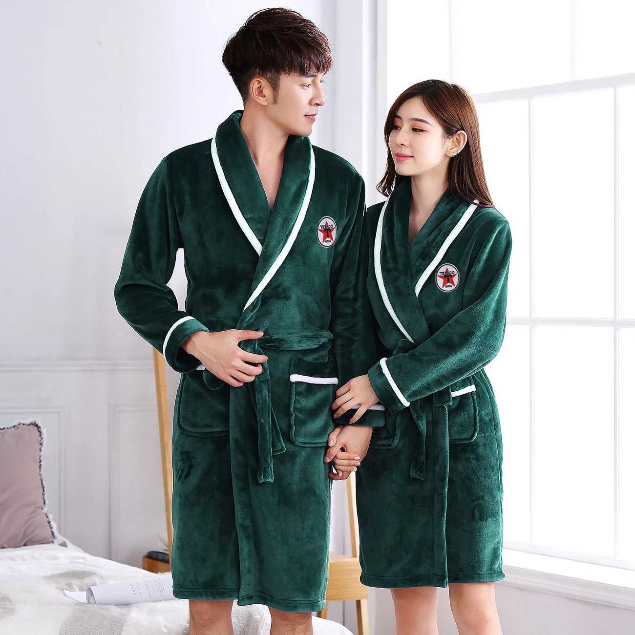 Autumn Winter Couple Robe Sleepwear Flannel Nightwear Kimono Bathrobe Gown with Pocket Loose Coral Fleece Home Wear Lounge WearXJ241018