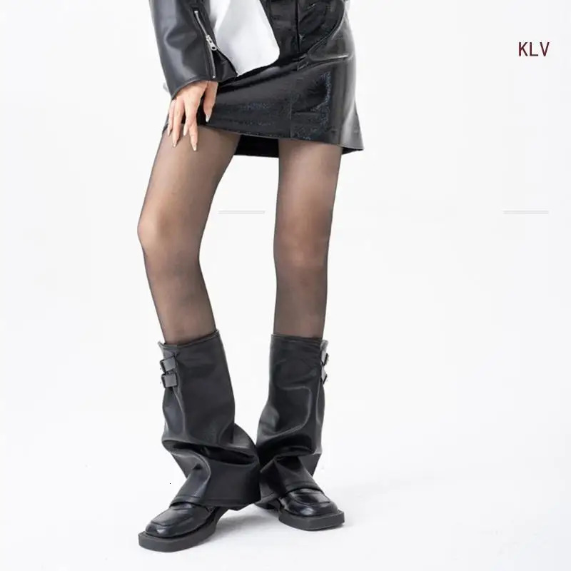 Y2K Punk Black PU Leather Leg Heater Harajuku Motorcycle Leg Cover with Eye Strap and Zipper Womens Flash Socks 241018