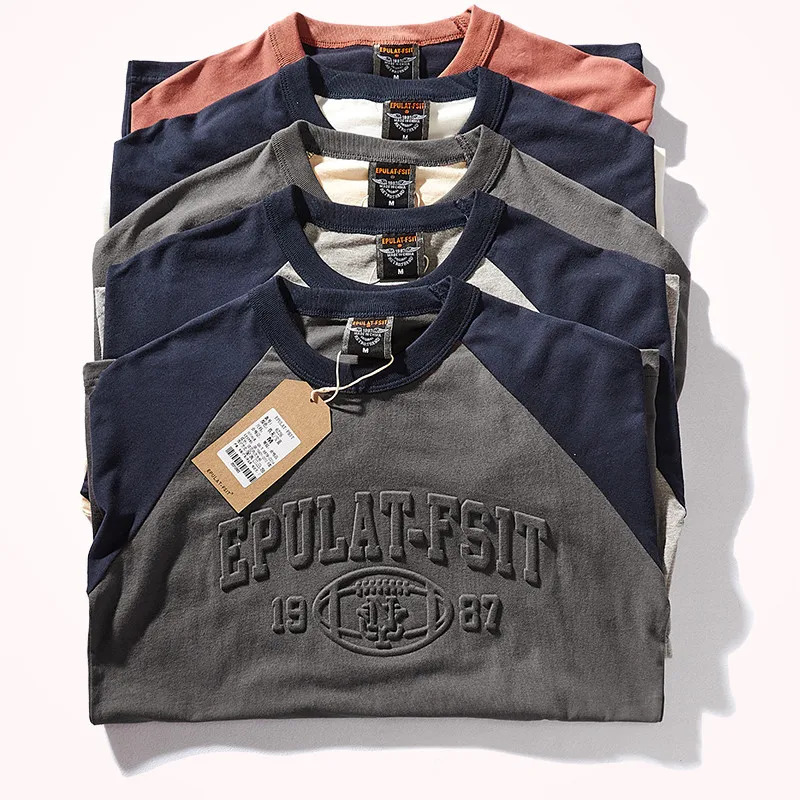 Autumn long sleeved O-neck 3D printed T-shirt mens fashion comparison splicing Raglan sleeves pure cotton washed old casual top 241019