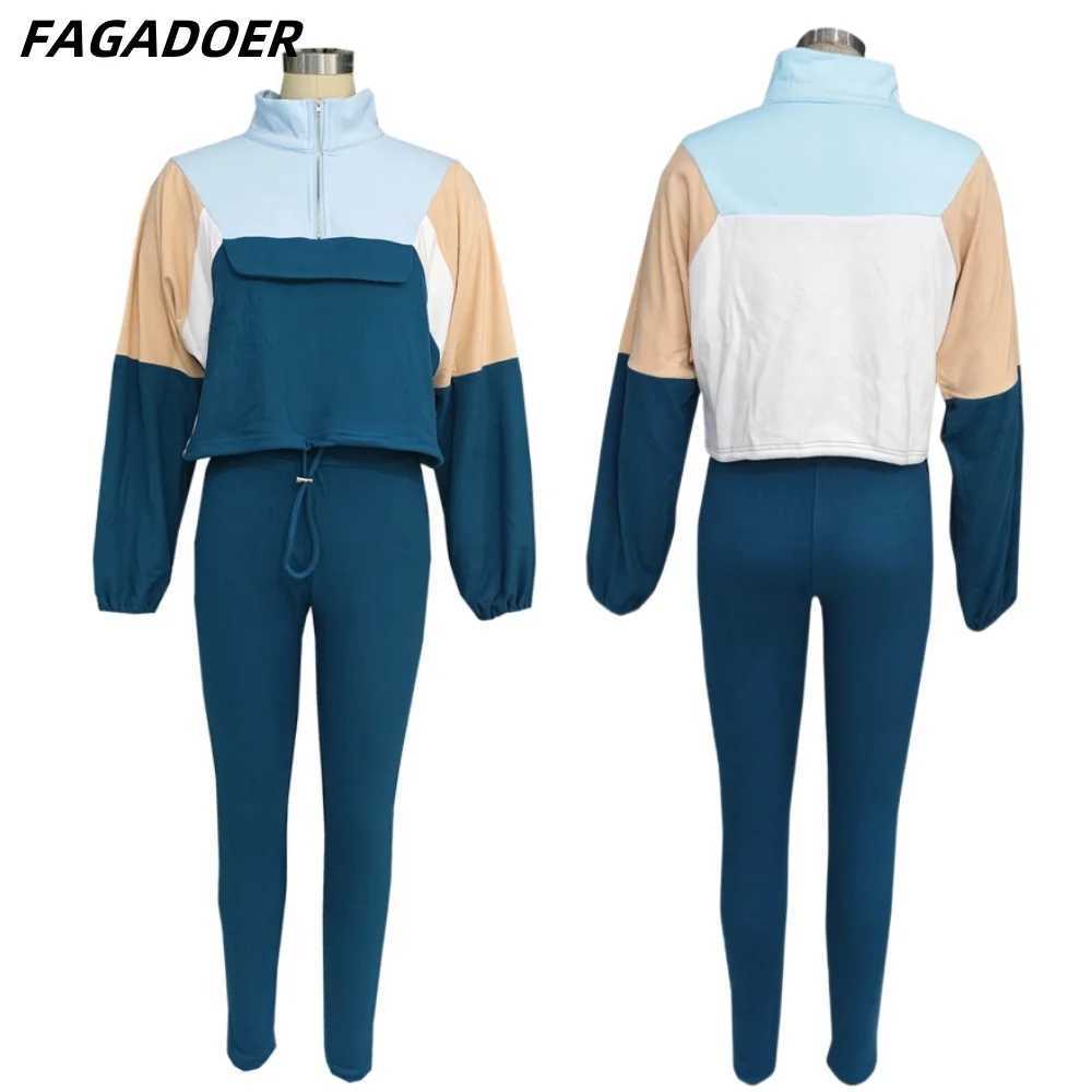Women's Two Piece Pants FAGADOER Color Block 2-piece Womens Long Sleve Zipper Sweatshirt and Leg Set Jogging Short Clothes Autumn New Collection 