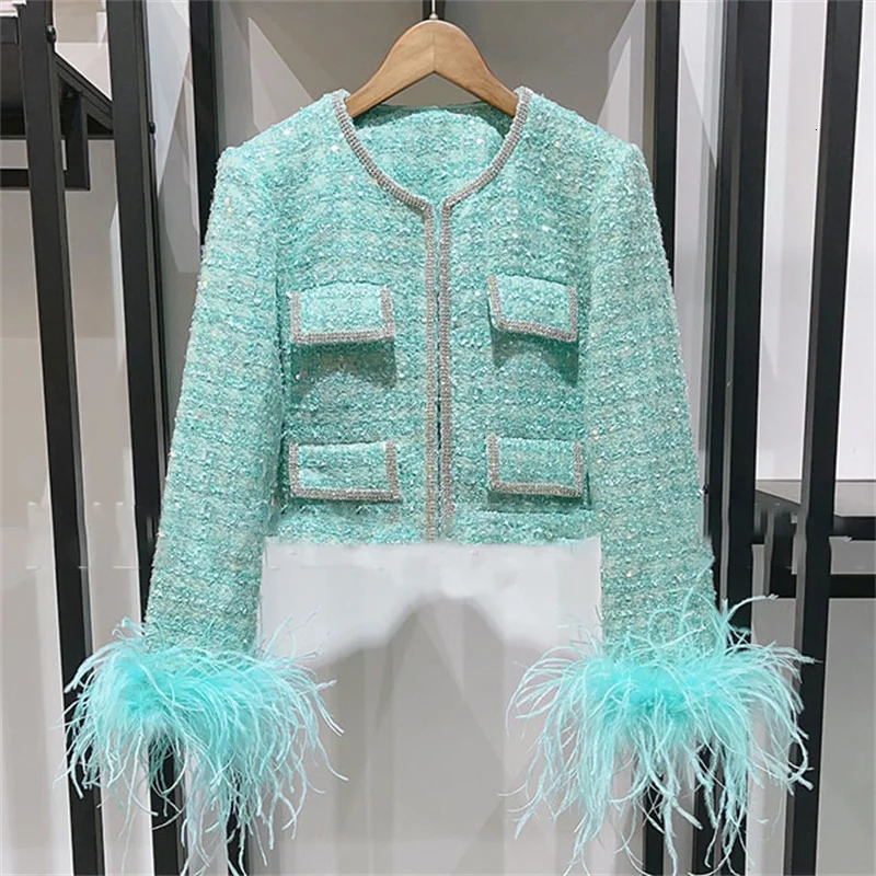 Women jacket autumn outerwears Fashion sequin decorative tweed Long sleeved top Feather patchwork coat y2k Blouse 241019