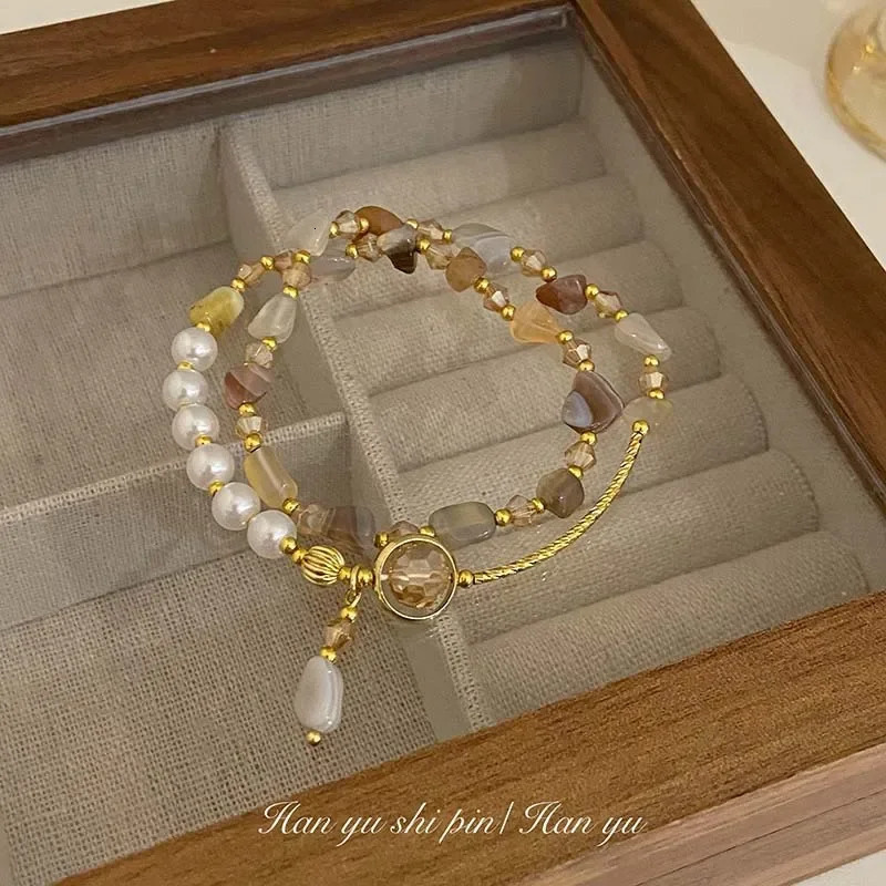 Irregular natural stone double-layer stacked pearl bracelet suitable for womens niche n sweet spliced pearl bracelet 241018