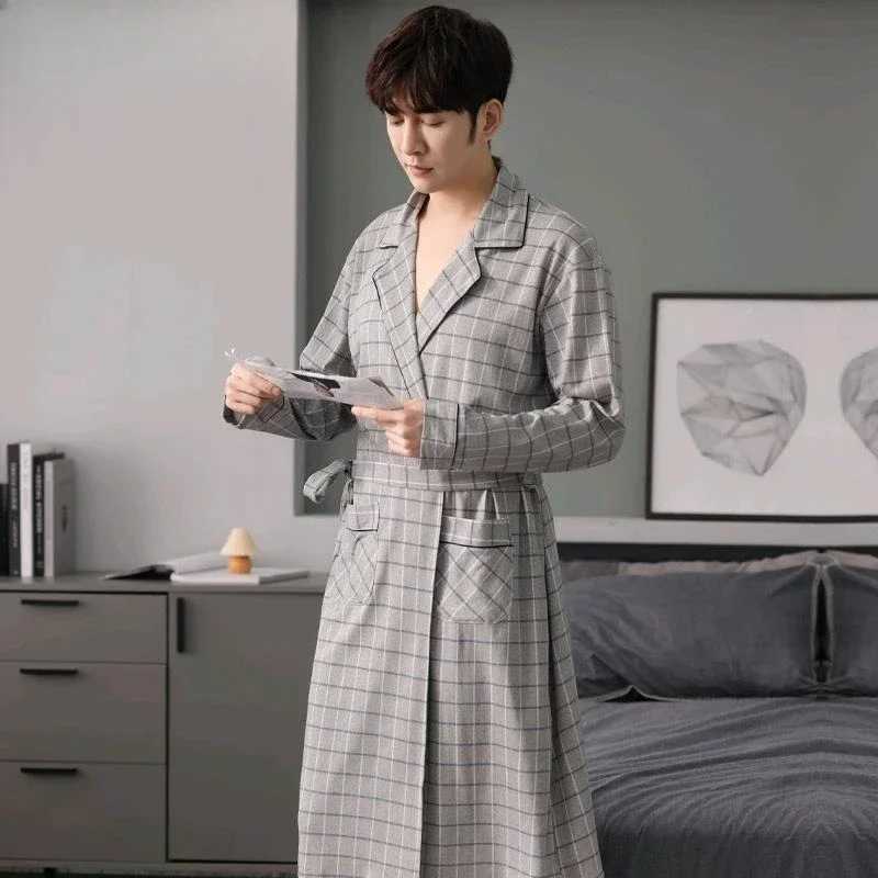 Pure Cotton Long Sleeve Kimono Bathrobe Large Size One-piece Pajamas All Cotton Bathrobe Night Gown Gentleman Spring and AutumnXJ241018