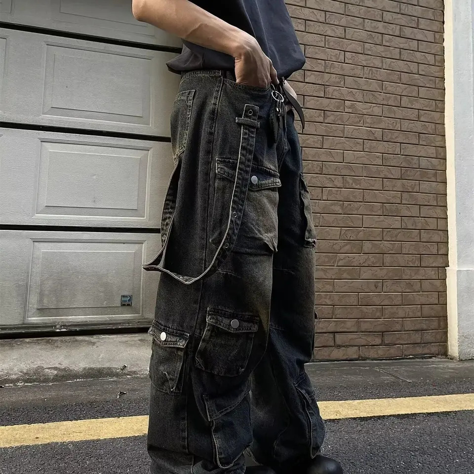 Y2K multi pocket luggage cargo jeans retro mens and womens loose straight leg hip-hop pants luggage Y2K jeans 241007