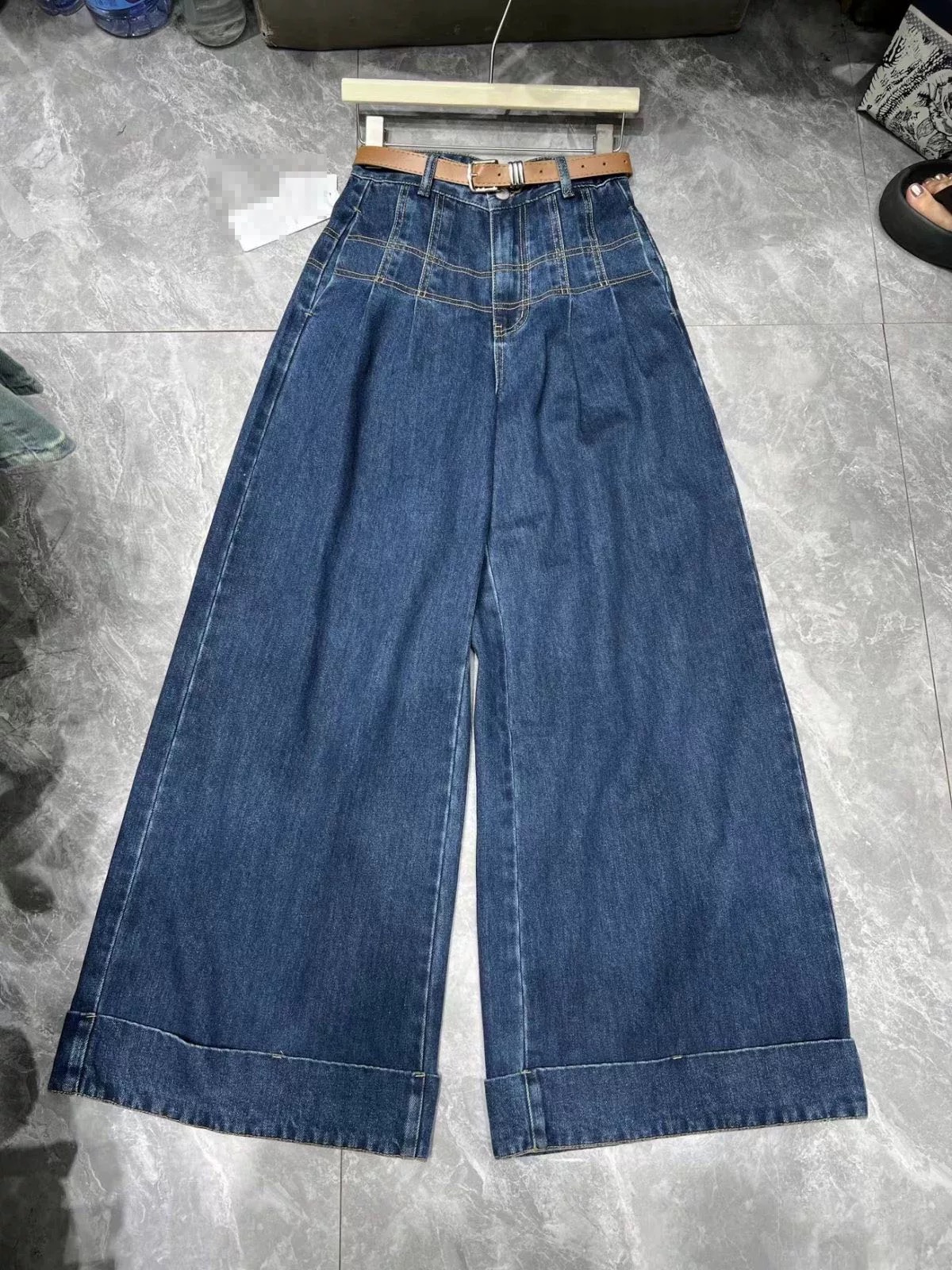 Autumn and winter new Maj casual loose wide leg high waist slimming denim design sense long pants for women no delivery fee belt Z260314