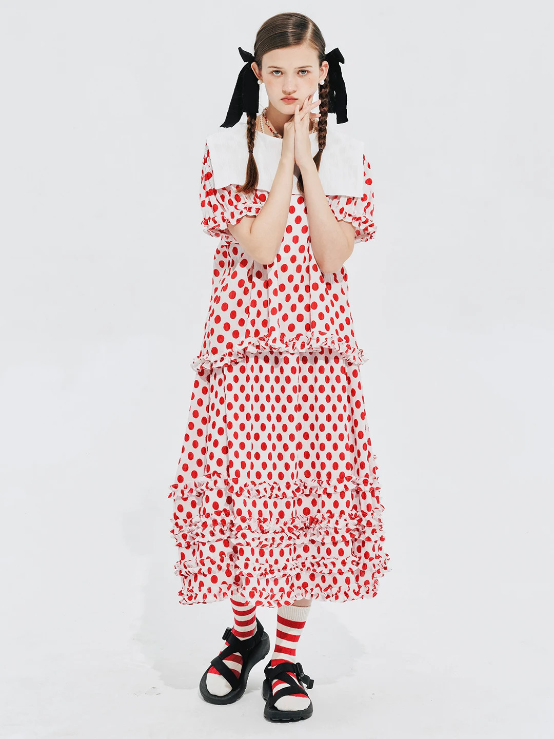 IMAKOKONI original n elastic waist polka dot lace stitching red skirt for women 244660 241019