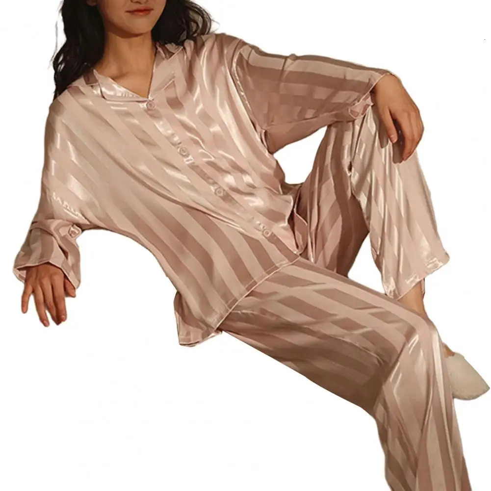 Milk Silk Fabric Sleepwear Set for Womens Lace Satin Sleepwear Set for Womens Striped Silk Sleepwear Set Long Sleeve Loose Comfortable 241009