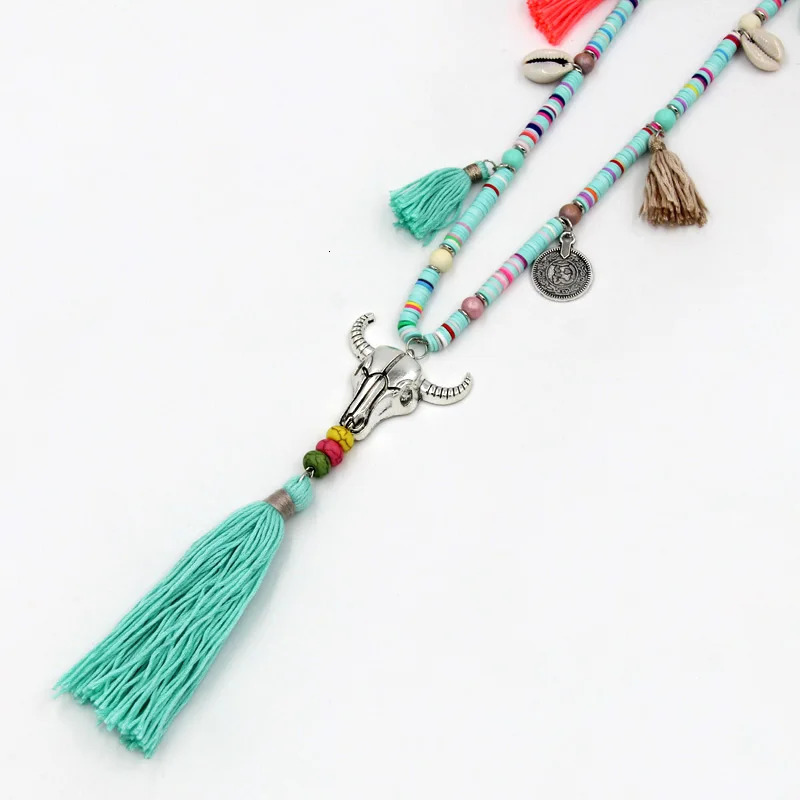 Womens statement necklace polymer clay chain alloy cow head tassel pendant necklace Bohemian jewelry womens sweater chain 241018