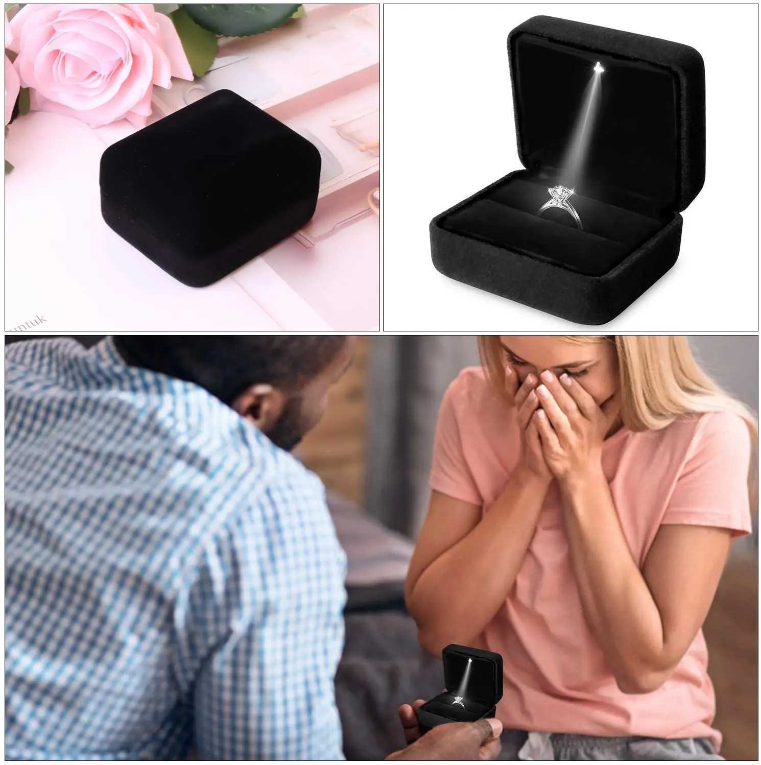 Square Velvet Ring Box LED Light Jewelry Gift Display Box Engagement and Wedding Couple Ring Box Bracket Storage Box W241019