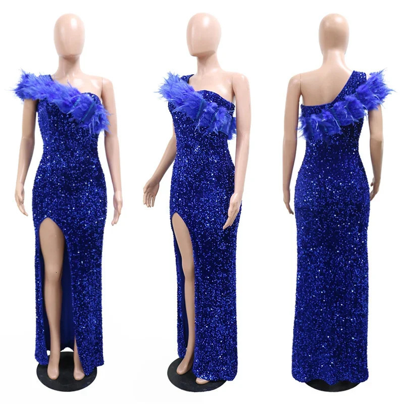 Autumn Winter Womens One Shoulder Elegant Long Party Dress Feather High Splitting sequin Sparkling Sexy Dress Birthday Dress 241017