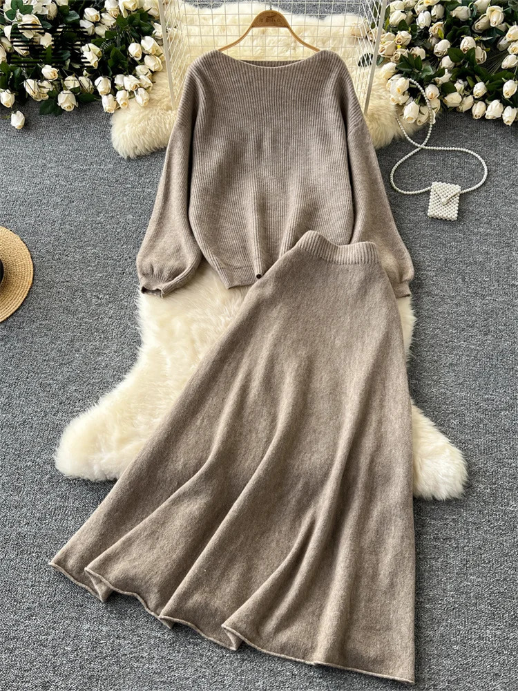 Singreiny Gentle Korean 2-piece Womens Autumn Loose SweaterElastic Waist Dress Womens Basic Knitted Two Piece Set 241018