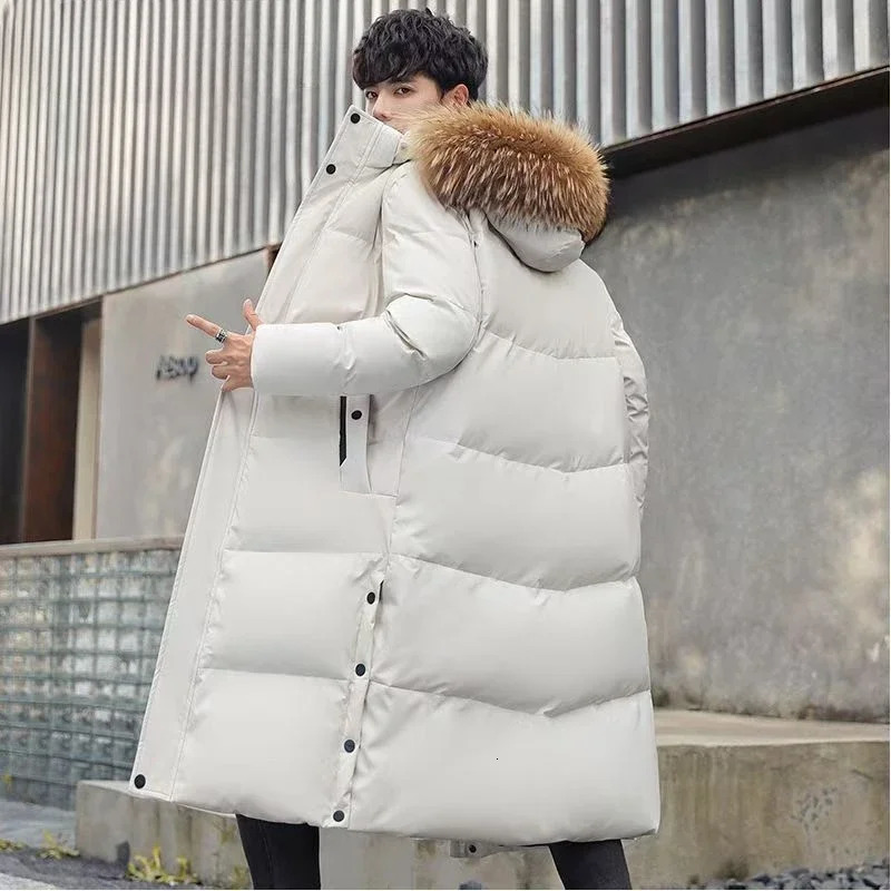 Mens winter jacket hoodie raccoon fur collar style fashionable young white duck thick warm long student jacket 241018